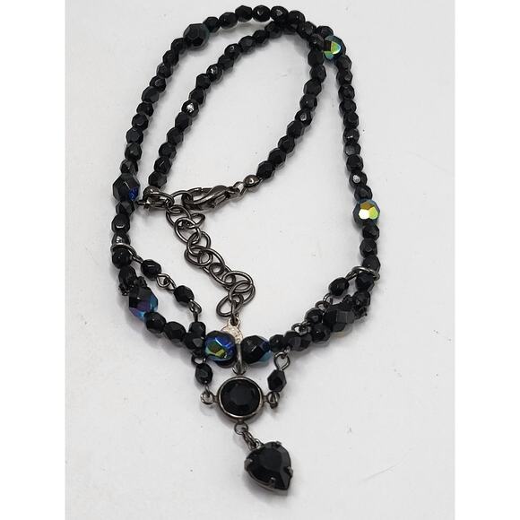 Robert Rose Signed Black Bead Necklace Aurora Glass Drop Vintage Gothic - Picture 2 of 7